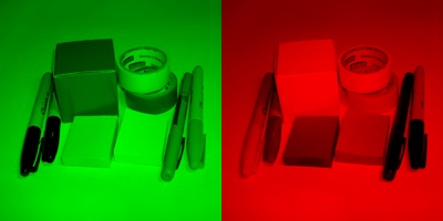 red and green overlays of the color image